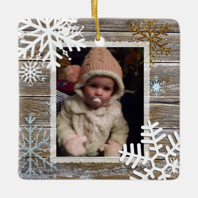 Golden und Blauer Schneeflocken Foto Ornament (Vorderseite)