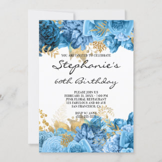 Golden und Blue Floral Borders 60. Geburtstag Einladung