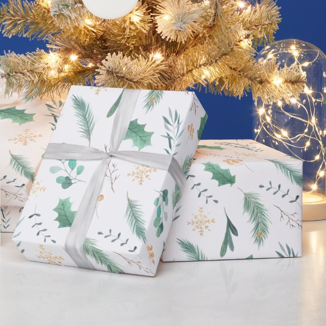 Golden und Green Christmas Holly Pine Eukalyptus Geschenkpapier (Feiertage)