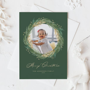 Golden und Green Pine Needles Wreath Weihnachtsfes Feiertagspostkarte