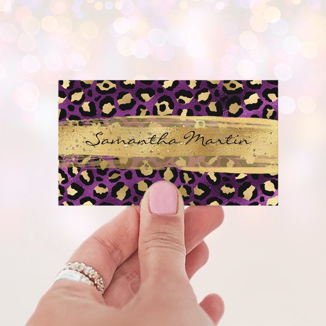 Golden und Lila Foil Leopard Pinselstriche Visitenkarte (Gold and Purple Foil Leopard Brush Stroke Business Card)