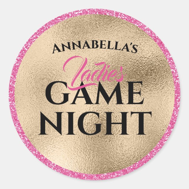 Golden und Rosa Glitzer Ladys Game Night Runder Aufkleber (Vorderseite)