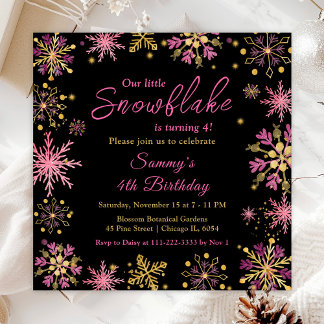 Golden und Rosa Schneeflocken Geburtstagsparty Einladung