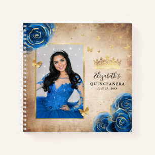 Golden und Royal Blue Rose Foto Quinceanera Guest Notizbuch