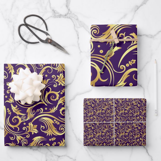 Golden und Royal Lila Scroll Geschenkpapier Set (Vorderseite)