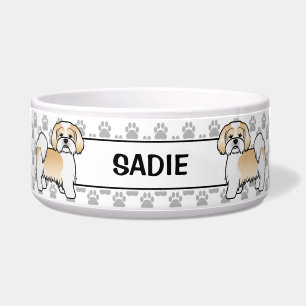 Golden und White Lhasa Apso Hund mit Paws & Name Napf