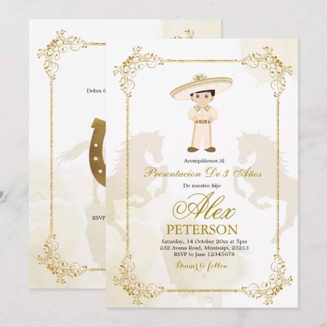 Golden und White Spanish Mexican Boy Charro Einladung (Vorne/Hinten)