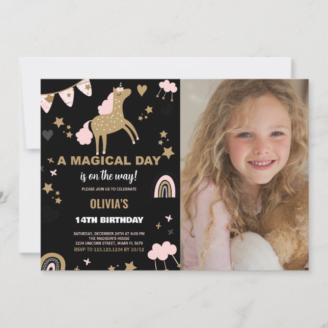 Golden Unicorn Anniversaire Invitations avec photo (Devant)