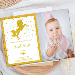 Golden Unicorn Anniversaire Invitations avec photo