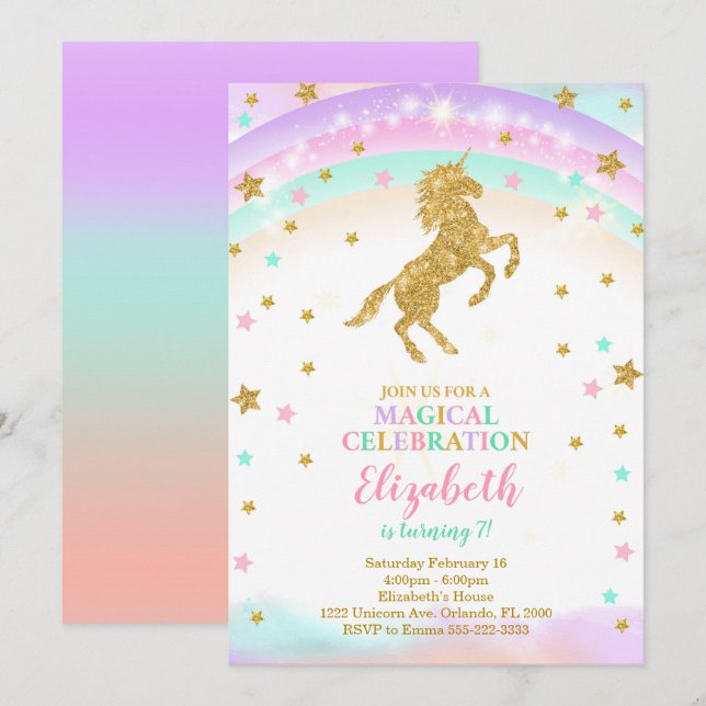 Golden Unicorn Einladung mit Glitzer Stars (Vorne/Hinten)