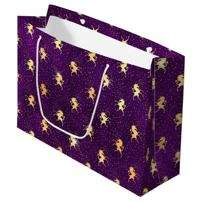Golden Unicorn Grid Pattern on Deep Purple Große Geschenktüte (Vorderseite Schrägansicht)