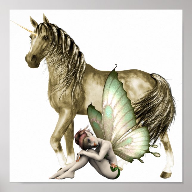 Golden Unicorn & Shy Fairy Print Poster (Vorne)