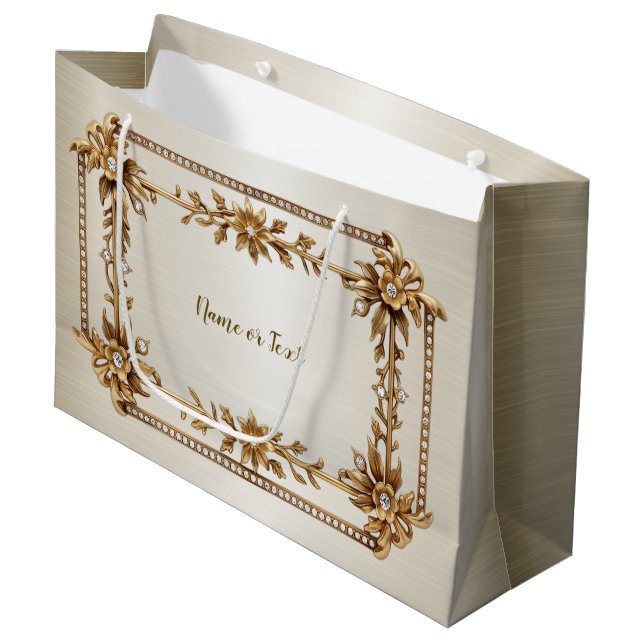 Golden Verziert Rectangle Dimond Blume Shiny Große Geschenktüte (Vorderseite Schrägansicht)