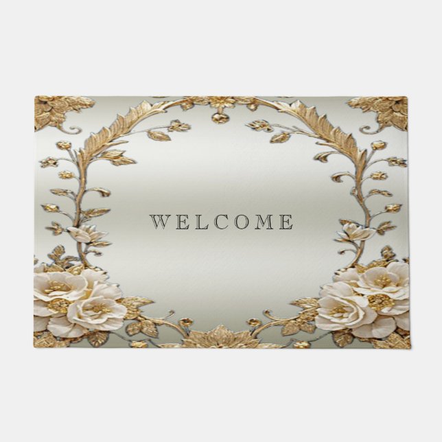 Golden Verziert White Blume Doormat Fußmatte (Vorderseite)