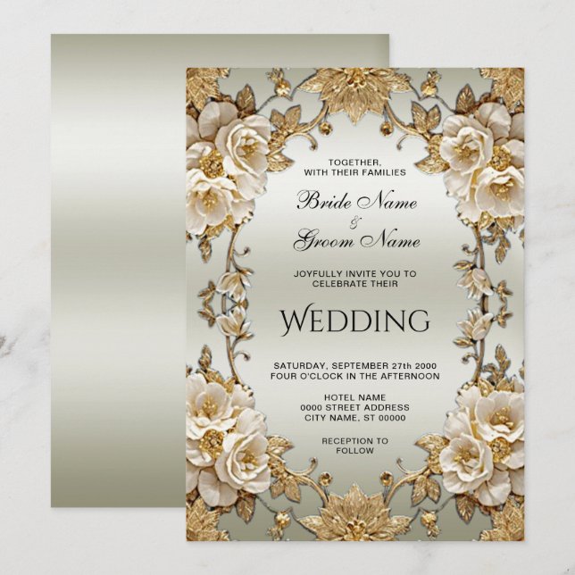 Golden Verziert White Blume Einladung Hochzeit (Vorne/Hinten)