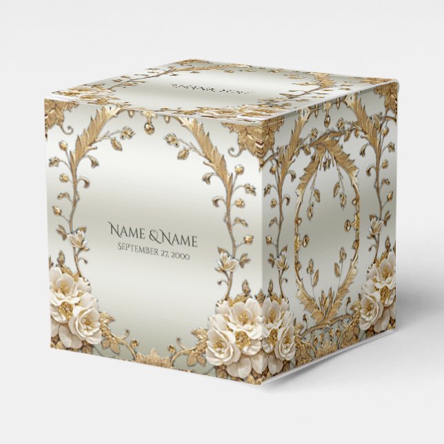 Golden Verziert White Blume Gefälligkeitsbox Geschenkschachtel (Vorderseite)