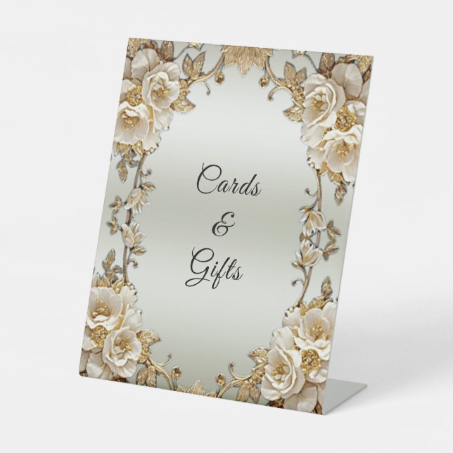 Golden Verzierte weiße Blume Tablettenschilder Sockelschild (Vorderseite)