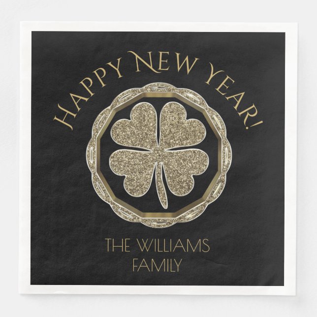 Golden Vierblättriges Kleeblatt Happy New Year Vie Serviette (Vorderseite)