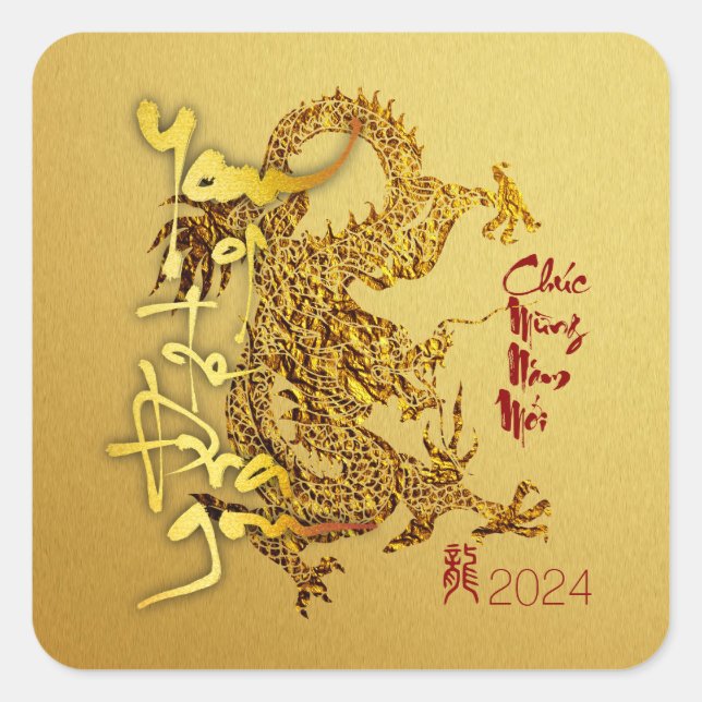 Golden Vietnamese Dragon New Year 2024 SqS01 Quadratischer Aufkleber (Vorderseite)