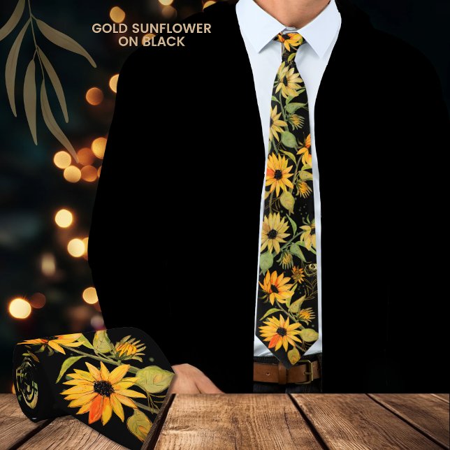 Golden Watercolor Sonnenblume auf dem Schwarzen Ne Krawatte (Golden Watercolor Sunflower on Black Neck Tie)