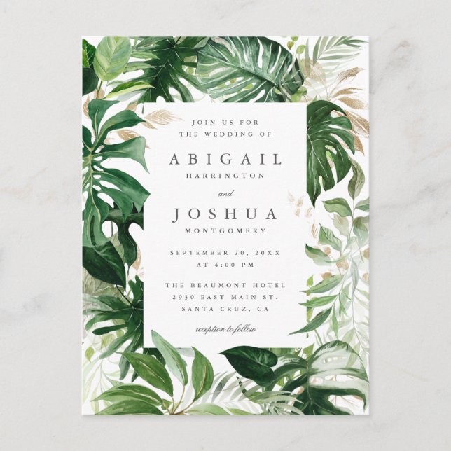 Golden & Watercolor Tropical Greenerity Wedding Einladungspostkarte (Vorderseite)
