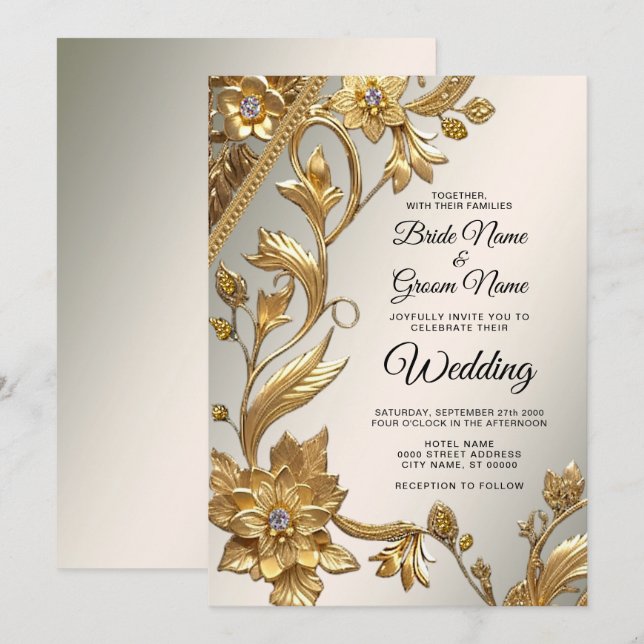 Golden Wavy Blätter Einladung zur Hochzeit von Flo (Vorne/Hinten)