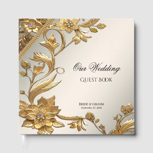 Golden Wavy Blätter Floral Guest Book Gästebuch (Vorderseite)