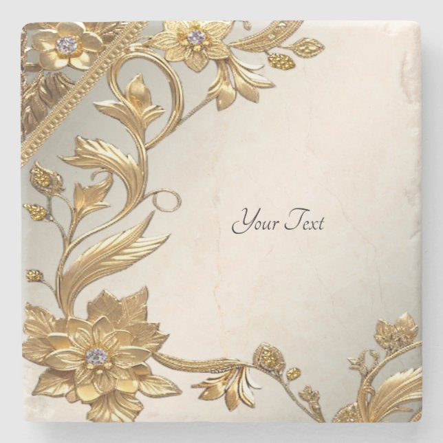 Golden Wavy Blätter Floral Stone Untersetzer (Vorderseite)
