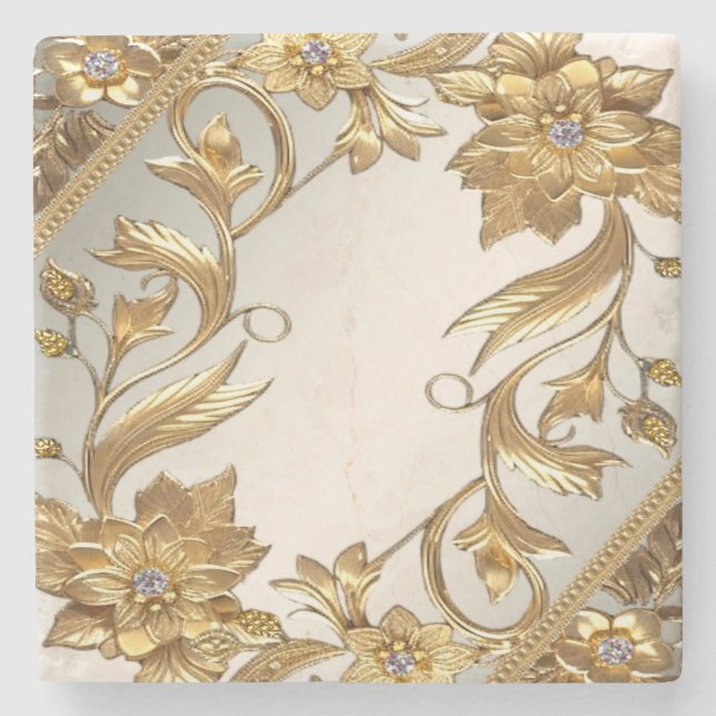 Golden Wavy Blätter Floral Stone Untersetzer (Vorderseite)