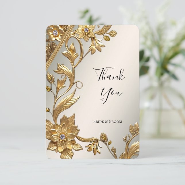 Golden Wavy Feuille Floral Carte de remerciements (Debout devant)