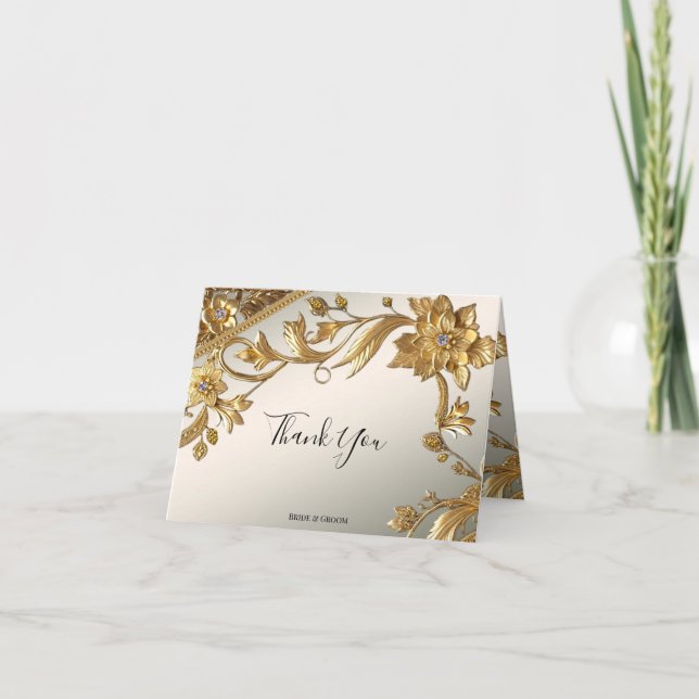 Golden Wavy Feuille Floral Carte de remerciements (Devant)