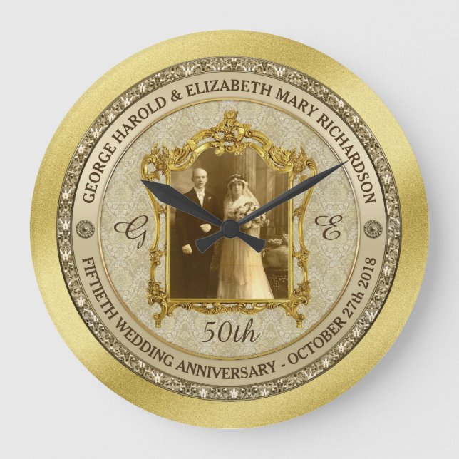 Golden Wedding Anniversary Classic Foto Frame Große Wanduhr (Vorderseite)