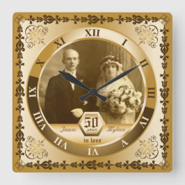 Golden Wedding Anniversary Custom Foto Verziert Quadratische Wanduhr