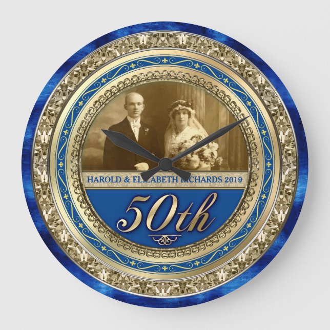 Golden Wedding Jubiläum Foto Gold Royal Blue Große Wanduhr (Vorderseite)