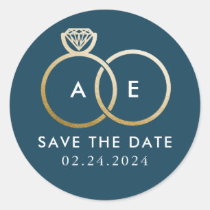 Golden Wedding Rings on Blue Save the Date Runder Aufkleber