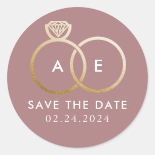 Golden Wedding Rings on Mauve Pink Save the Date Runder Aufkleber