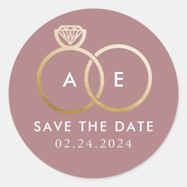 Golden Wedding Rings on Mauve Pink Save the Date Runder Aufkleber (Vorderseite)