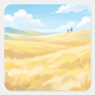 Golden Wheat Field Under Blue Sky Quadratischer Aufkleber