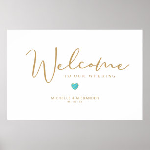 Golden Whimsical Willkommen Hochzeit Türkis Herz Poster