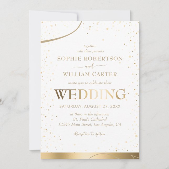 Golden & White Beautiful Elegante Hochzeit Einladu Einladung (Vorderseite)