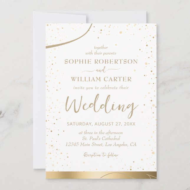 Golden & White Beautiful Elegante Hochzeit Einladu Einladung (Vorderseite)