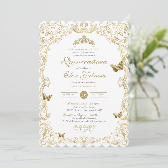 Golden White Elegante Barock Einladung (Stehend Vorderseite)