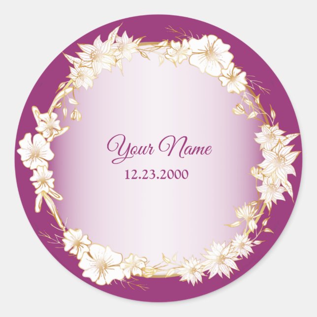 Golden White Floral Pink Geometric Rustic Wedding Runder Aufkleber (Vorderseite)