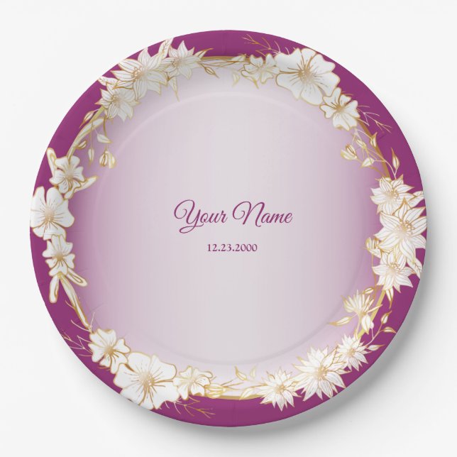 Golden White Floral Pink Geometric Wedding Party Pappteller (Vorderseite)