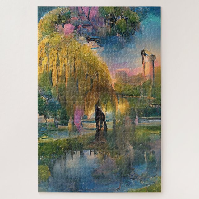Golden Willow tree bei Sonnenuntergang am Teich (Vertikal)