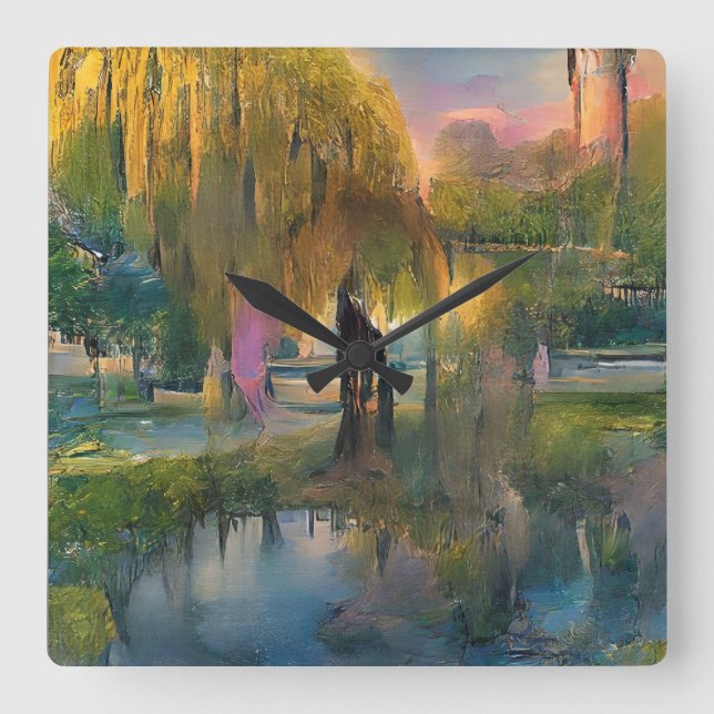 Golden Willow tree bei Sonnenuntergang am Teich ab Quadratische Wanduhr (Vorderseite)
