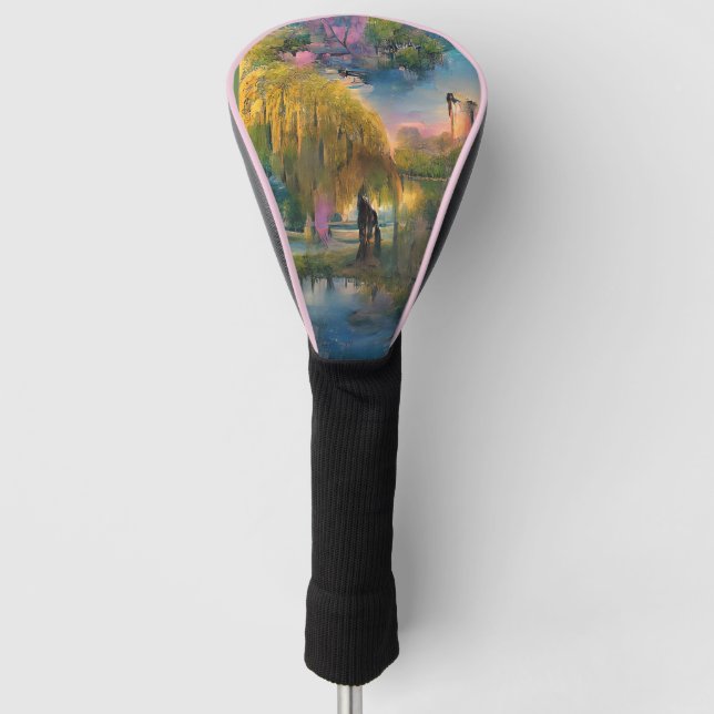 Golden Willow tree bei Sonnenuntergang am Teich Golf Headcover (Vorderseite)