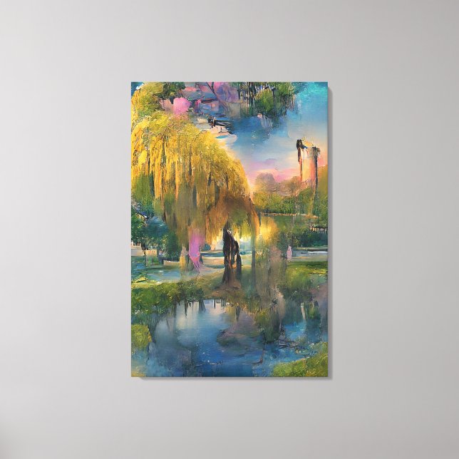 Golden Willow tree bei Sonnenuntergang am Teich Leinwanddruck (Vorderseite)