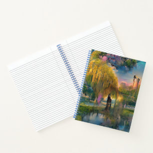 Golden Willow tree bei Sonnenuntergang am Teich Notizbuch