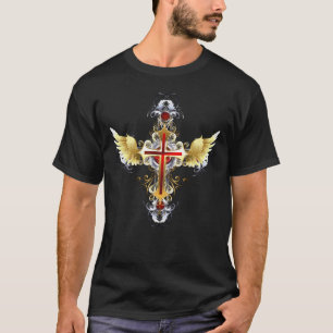 Golden Winged Dark Steel Cristian Cross T - Shirt